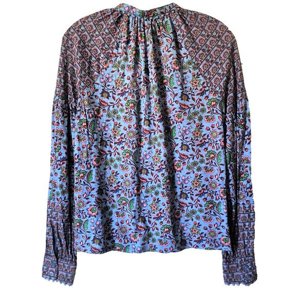Boden Top Size 6 Blue Paisley Floral Mixed Prints Button-Up Bobble Trim Cotton - Picture 2 of 16